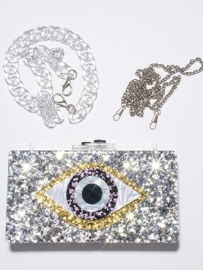 Silver Glitter Evil Eye Acrylic Clutch with Chain Straps And Hamsa Detail